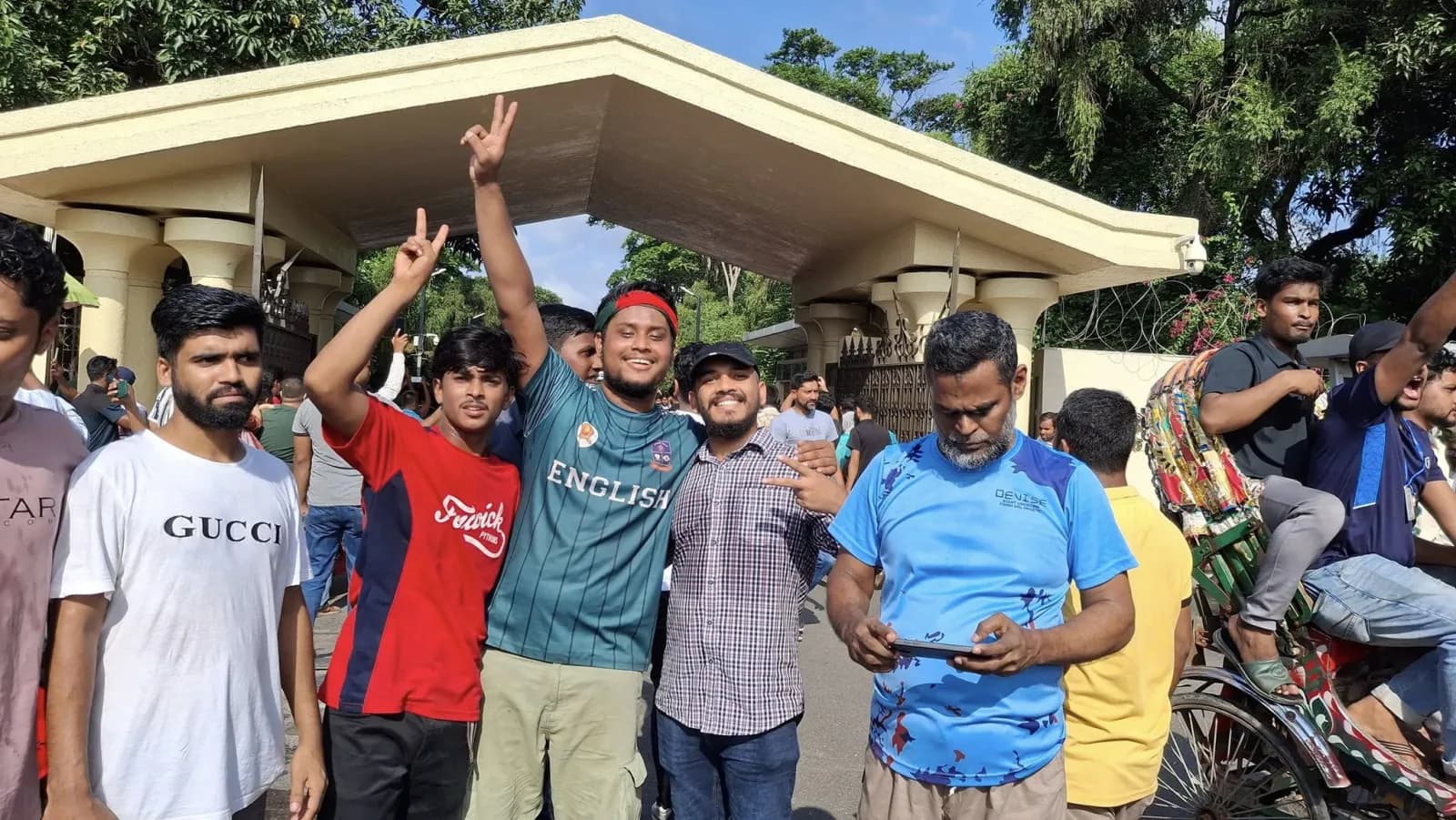 Celebration at the University of Dhaka gates, 5 August 2024